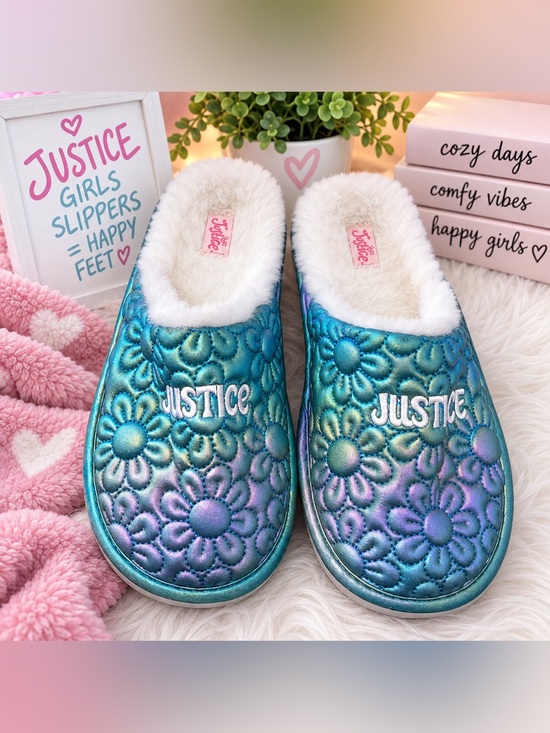 Justice Other - Justice Girls’ Faux Fur Slippers – Iridescent Floral – Size 4–5